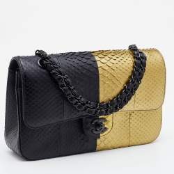 Pre Owned Chanel Gold/Black Python Medium Classic Double Flap Bag