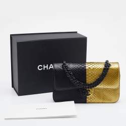 Pre Owned Chanel Gold/Black Python Medium Classic Double Flap Bag