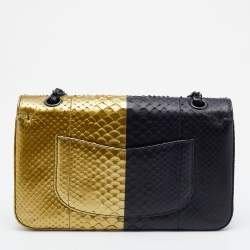 Pre Owned Chanel Gold/Black Python Medium Classic Double Flap Bag
