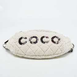 Pre Owned Chanel Off White Shearling and Tweed Coco Belt Bag