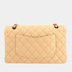 Pre Owned Chanel Beige Leather Small Classic Double Flap Shoulder Bag
