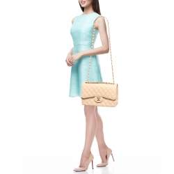 Pre Owned Chanel Beige Quilted Lambskin Leather Jumbo Classic Double Flap Bag