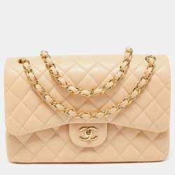 Chanel Beige Quilted Lambskin Leather Jumbo Classic Double Flap Bag Chanel