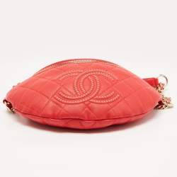 Pre Owned Chanel Red Quilted Leather Studded Logo Waist Bag