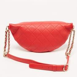 Pre Owned Chanel Red Quilted Leather Studded Logo Waist Bag