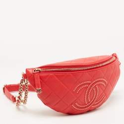 Pre Owned Chanel Red Quilted Leather Studded Logo Waist Bag