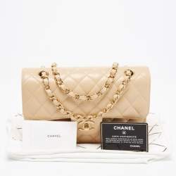Pre Owned Chanel Light Beige Quilted Caviar Leather Small Classic Double Flap Bag