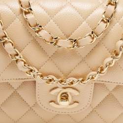 Pre Owned Chanel Light Beige Quilted Caviar Leather Small Classic Double Flap Bag