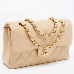 Pre Owned Chanel Light Beige Quilted Caviar Leather Small Classic Double Flap Bag