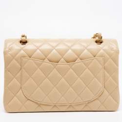 Pre Owned Chanel Light Beige Quilted Caviar Leather Small Classic Double Flap Bag