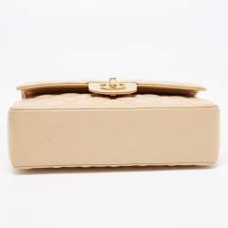 Pre Owned Chanel Light Beige Quilted Caviar Leather Small Classic Double Flap Bag