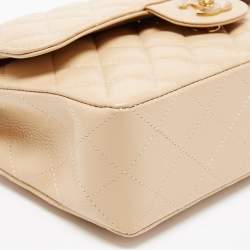 Pre Owned Chanel Light Beige Quilted Caviar Leather Small Classic Double Flap Bag
