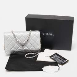 Chanel Silver Quilted Patent Leather CC Wallet on Chain