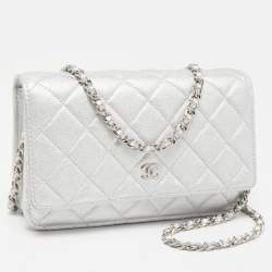 Chanel Silver Quilted Patent Leather CC Wallet on Chain