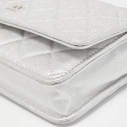 Chanel Silver Quilted Patent Leather CC Wallet on Chain