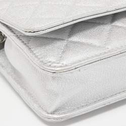 Chanel Silver Quilted Patent Leather CC Wallet on Chain