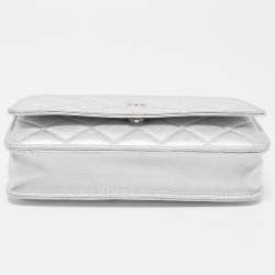 Chanel Silver Quilted Patent Leather CC Wallet on Chain