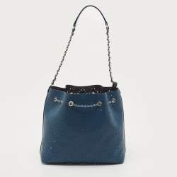 Pre Owned Chanel Blue Quilted Caviar Perforated Leather CC Drawstring Bag