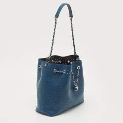 Pre Owned Chanel Blue Quilted Caviar Perforated Leather CC Drawstring Bag