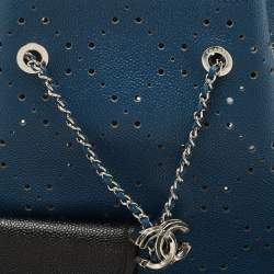 Pre Owned Chanel Blue Quilted Caviar Perforated Leather CC Drawstring Bag