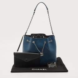 Pre Owned Chanel Blue Quilted Caviar Perforated Leather CC Drawstring Bag