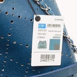Pre Owned Chanel Blue Quilted Caviar Perforated Leather CC Drawstring Bag