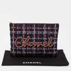 Pre Owned Chanel Multicolor Tweed Signature Zip Pouch