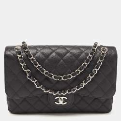 Pre Owned Chanel Black Quilted Caviar Leather Jumbo Classic Double Flap Bag