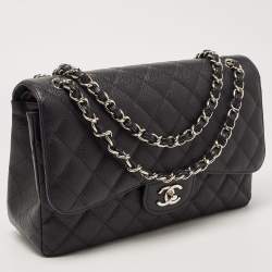 Pre Owned Chanel Black Quilted Caviar Leather Jumbo Classic Double Flap Bag