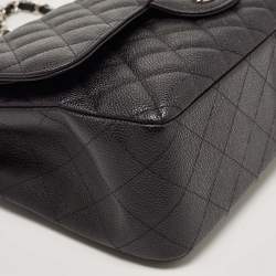 Pre Owned Chanel Black Quilted Caviar Leather Jumbo Classic Double Flap Bag