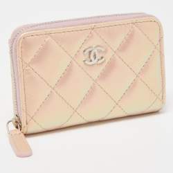 Chanel Pink Quilted Iridescent Leather CC Zip Coin Purse