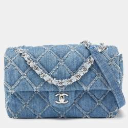 Chanel Blue Distressed Quilted Denim Medium Single Flap Bag Chanel