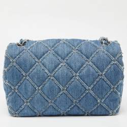 Pre Owned Chanel Blue Distressed Quilted Denim Medium Single Flap Bag