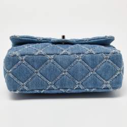 Pre Owned Chanel Blue Distressed Quilted Denim Medium Single Flap Bag