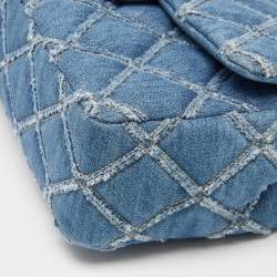 Pre Owned Chanel Blue Distressed Quilted Denim Medium Single Flap Bag