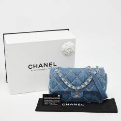 Pre Owned Chanel Blue Distressed Quilted Denim Medium Single Flap Bag