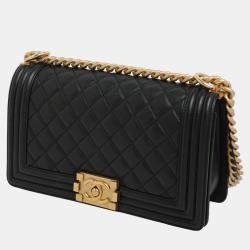 Pre Owned Chanel Black Calf Leather Quilted Medium Boy Shoulder Bags