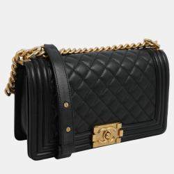 Pre Owned Chanel Black Calf Leather Quilted Medium Boy Shoulder Bags