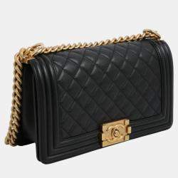 Pre Owned Chanel Black Calf Leather Quilted Medium Boy Shoulder Bags