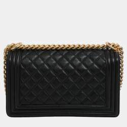 Pre Owned Chanel Black Calf Leather Quilted Medium Boy Shoulder Bags
