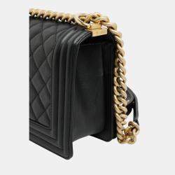 Pre Owned Chanel Black Calf Leather Quilted Medium Boy Shoulder Bags
