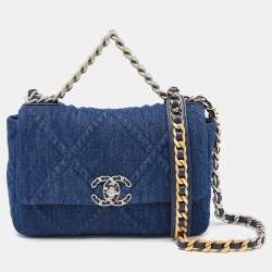 Pre Owned Chanel Blue Quilted Denim Medium 19 Flap Bag