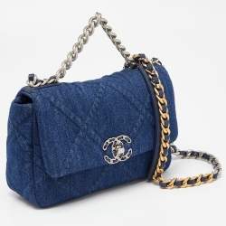 Pre Owned Chanel Blue Quilted Denim Medium 19 Flap Bag