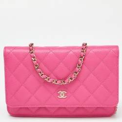 Chanel Pink Quilted Caviar Leather CC Classic Flap Wallet on Chain