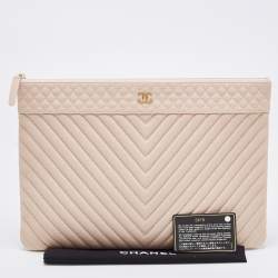 Pre Owned Chanel Blush Pink Chevron Caviar Leather Large O-Case Zip Pouch