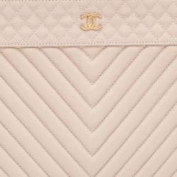 Pre Owned Chanel Blush Pink Chevron Caviar Leather Large O-Case Zip Pouch