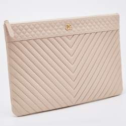 Pre Owned Chanel Blush Pink Chevron Caviar Leather Large O-Case Zip Pouch