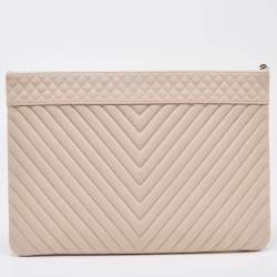 Pre Owned Chanel Blush Pink Chevron Caviar Leather Large O-Case Zip Pouch