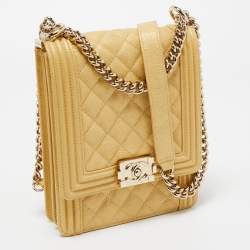 Pre Owned Chanel Gold Quilted Caviar Leather North South Boy Flap Bag