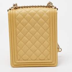 Pre Owned Chanel Gold Quilted Caviar Leather North South Boy Flap Bag